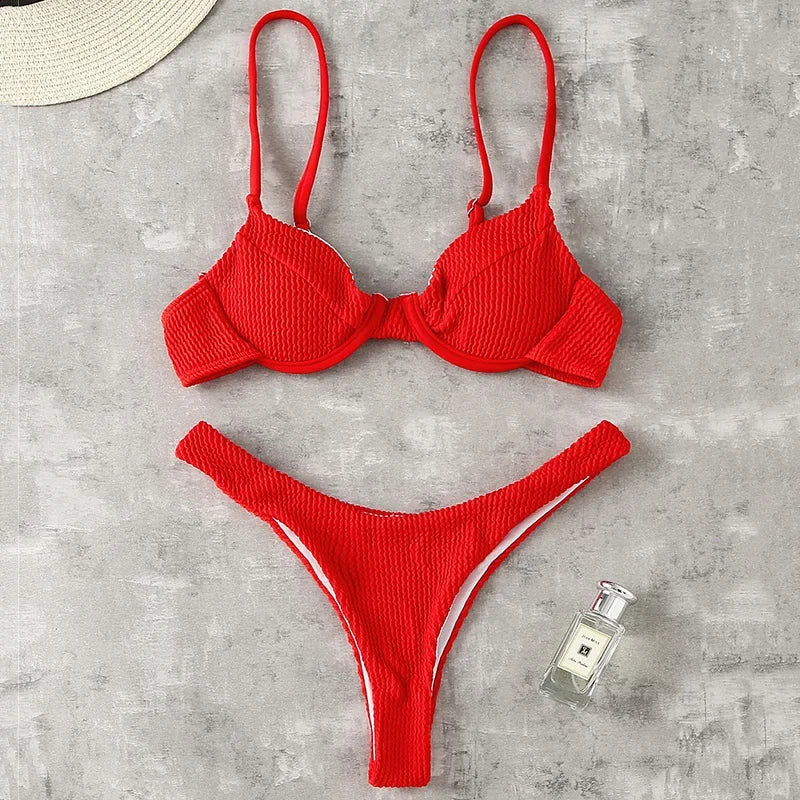 Wrinkled Underwired V-Bar Bikini Swimsuit Female Swimwear Women Two-pieces Bikini set High Cut Bather Bathing Suit Swim Lady