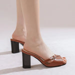 Summer New Fashion Open Toe Solid Color Simple Leather Surface Versatile Color Large Slippers Square Heel Shoes Women