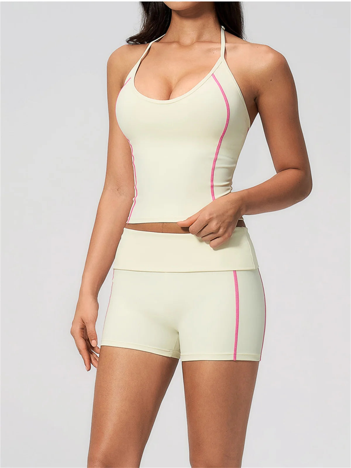 2PCS Women Yoga Sets Color Contrast Hanging Neck V Neck Slimming Sports Tank Top Flip High Waist Shorts Gym Running Fitness Suit