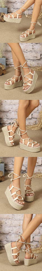 2026 Big Size 43 Summer Bohemian Espadrilles Sandals Women Ankle Wrap Gladiator Sandals 6CM Wedges Heels Platform Shoes Woman