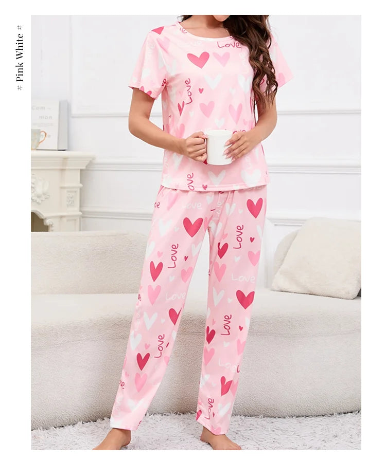 3-Piece Heart Print Pajama Women Sleepwear Home Clothes Short Sleeve Top with Shorts & Long Pants Pajamas Loungewear Short Suit