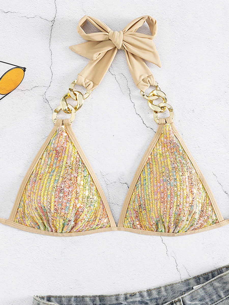Shiny Sequins Bikinis 2025 Metal Chains Bikini Women Swimwear Female Swimsuit Two-pieces Bikini Set Bathing Suit Swim Beach Wear
