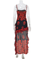 Ahagaga 2025 Summer Fashion Women's Straps Dresses Print Asymmetrical Chiffon Floral Streetwear Skinny Trailing Yk2 Vestidos