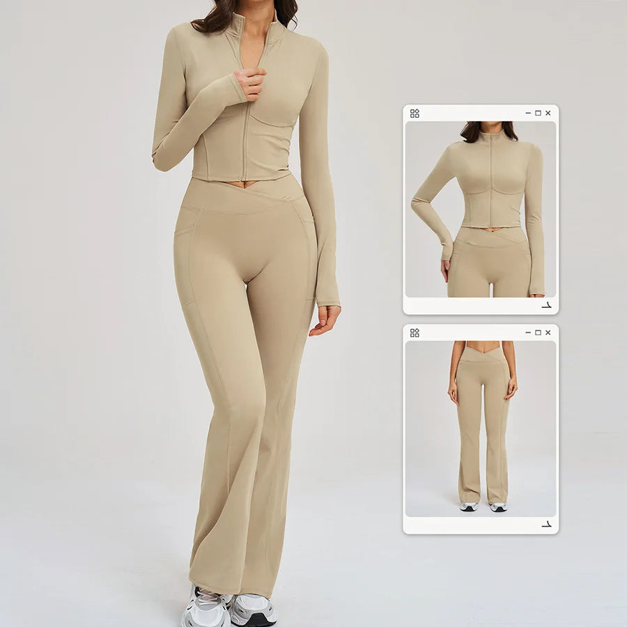 2PCS Yoga Set Gym Clothes Sportswear Seamless Women Fitness Long Sleeved Tracksuits Sports Workout Gym Flared Leggings Athletic