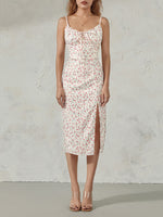 Women Summer Floral Print Party Club Midi Dress Sleeveless Spaghetti Strap Bustier Backless Thigh Slit Slim Dress