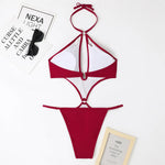 Solid Color One Piece Swimsuit Women 2026 Sexy Hollow Out Pearl Chain Bikini Halter Backless Thong Swimwear Beach Bathing Suit