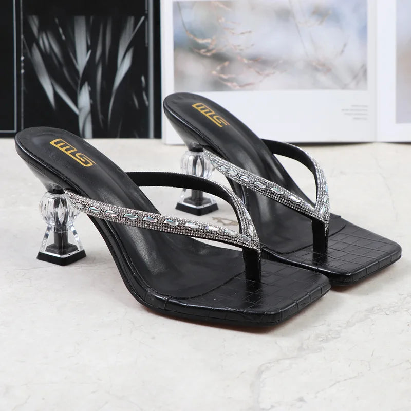 2025 Summer Flip Flops Crystal Slides Women 8cm High Heels Mules Crystal Glitter Block Low Heels Slippers Glitter Platform Shoes
