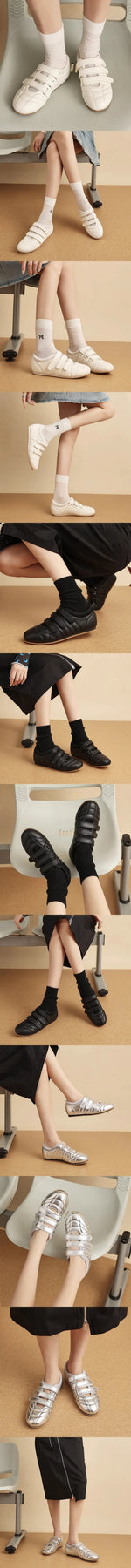 Brand Designer Comfy Walking Cream Flat Sneakers Fashion Leisure Silver Casual Shoes Women Flats Chic Black Hook&Loop Mary Janes