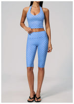 New Summer Women White Polka Dot Print Yoga Sets Hanging Neck Slim Sport Vest High Waist Mid Pants Gym Two-piece Workout Clothes