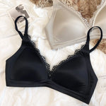 French Sexy Seamless Lingerie Women Silk Satin Lace Bra Deep V Triangular Cup Push Up Bras Adjustable Strap Comfort Underwear