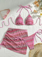 Sexy Drawstring Side Skirt 3 Piece Bikini Set Women Orange Striped Embroidered Print Swimwear High Waist Bathing Suit Swimsuit