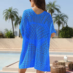 Sexy Hollow Out Beach Cover Up Women Blue White Knitted Crochet Tunic Mini Dress Short Sleeve V Neck Loose Cover-ups Beachwear