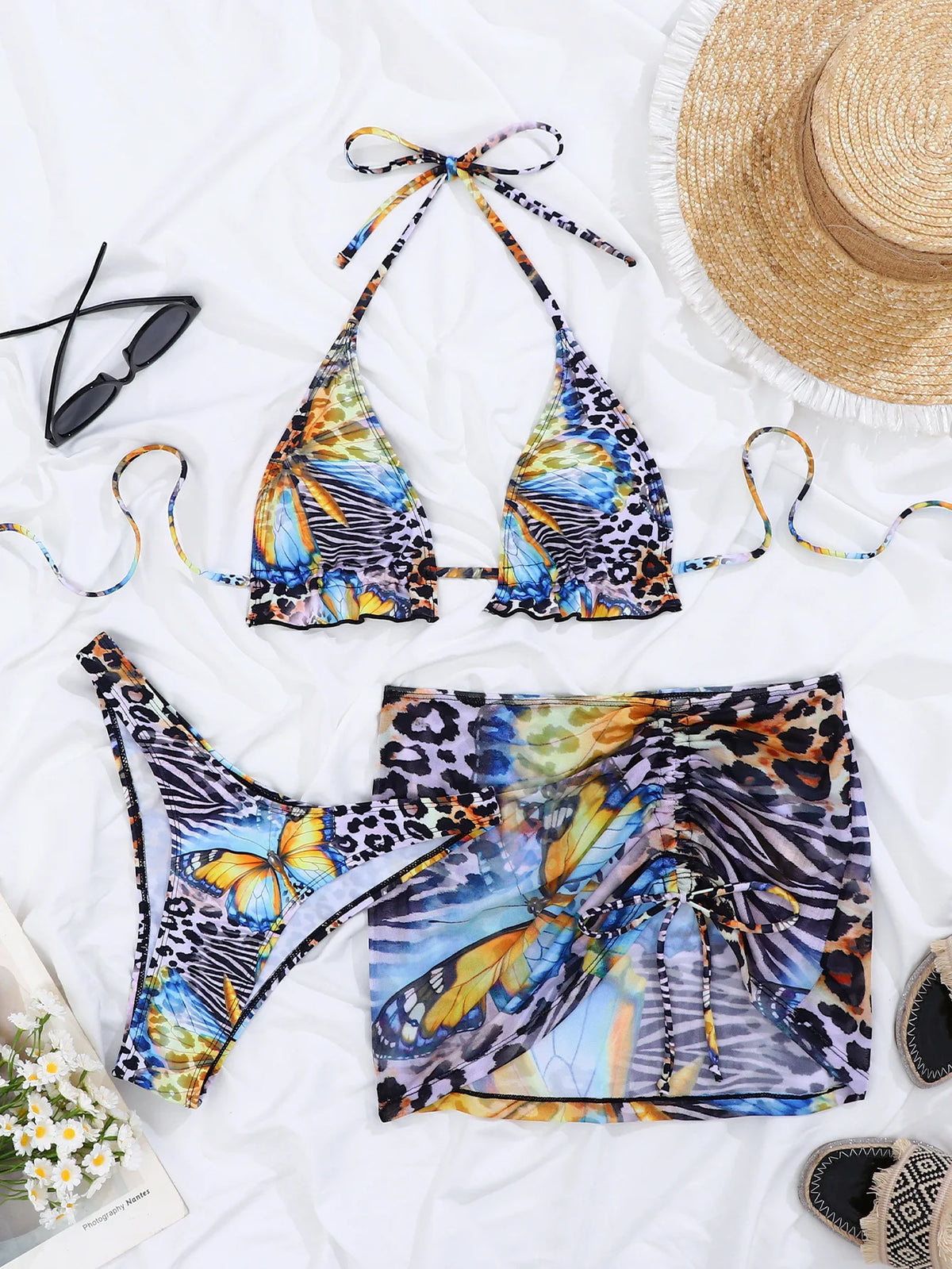 New Blue Gradient Leopard Print Bikini Set Women Drawstring Side Cover Up 3 Piece Swimsuit 2026 Bathing Suit Holiday Swimwear