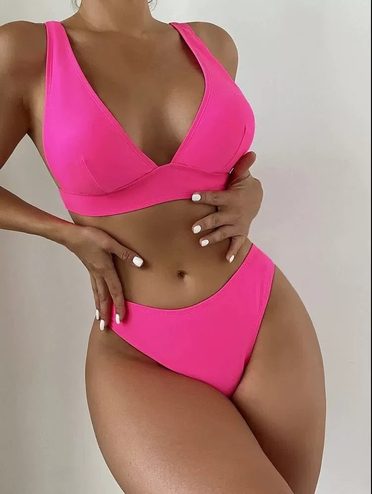 Ladies Bikini Set V-Neck Back Strap Design Adjustable Shoulder Straps High Waist Swimsuit Perfect for Beach And Pool