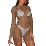 Sexy hollow bikini swimsuit cover-up European and American summer solid color beach dress