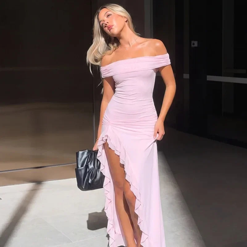 FDYOUI Elegant Slash Neck Ruffles High Slit Long Party Dresses for Women 2026 Summer Sleeveless Bodycon Evening Dress Lady Gowns