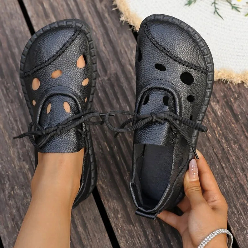2026 Summer New Hollow-Out Lace-Up Sandals Women Flat Slip-Resistant Leather Bohemian Handmade Casual Shoes with Thick Sole