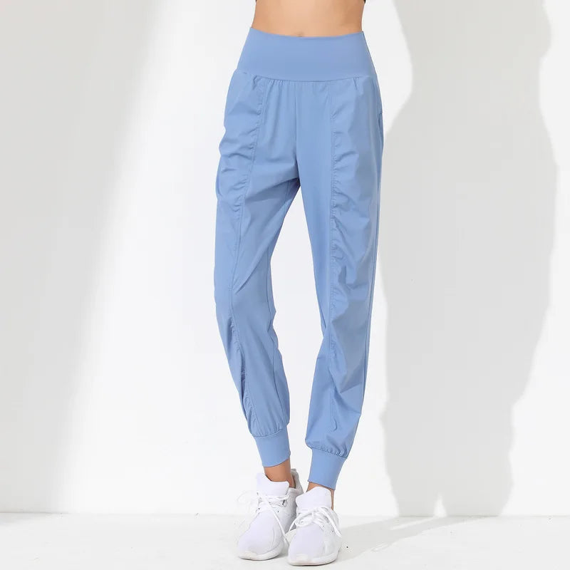 Hearuisavy Yoga Pants Loose Slim Quick-Dry Yoga Pants Pleated Hem Bound Running Fitness Capris Pockets Jogging Pants Woman
