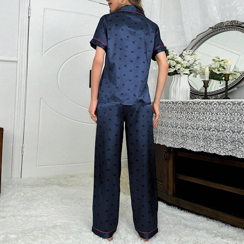Women's Sleepwear Heart & Letter Print Pajamas Lounge Set Autumn Long Sleeve Buttons Top & Pants Loungewear Pyjama Pijama Femme