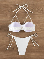 Sexy Pearls Strap Bikini Set 2025 Women White Push Up Underwire Tie Side Thong Swimsuit Summer Bathing Suit Swimwear Biquini