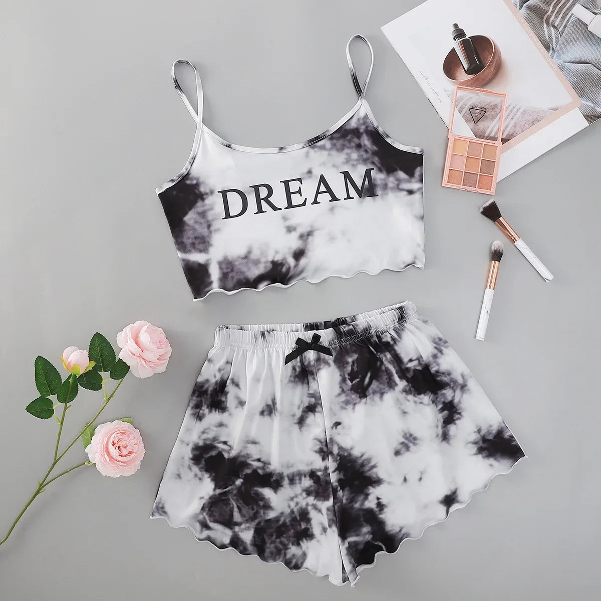summer Pajamas Sets Women Sleepwear Sexy Lingerie Cute Tie-dyed Print Sleeveless O-Neck Thin Tops with Shorts Set Underwear
