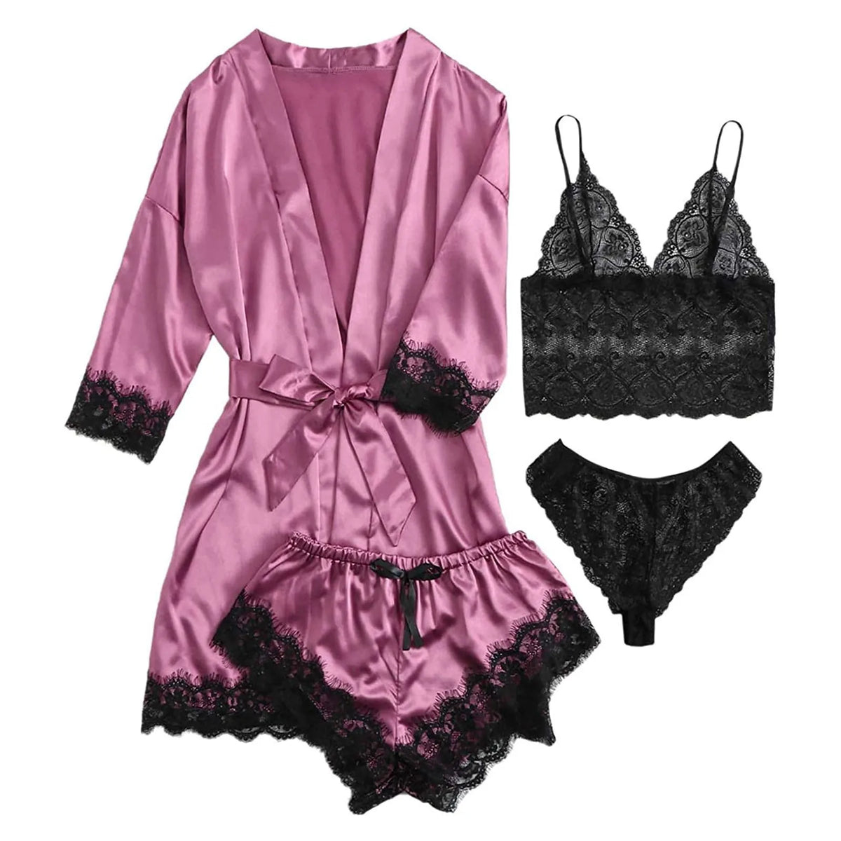 4pcs Women Striped Lingerie Set Lace Trim Robe Camisole Shorts Panties Nightwear Sleepwear Homewear Sexy Pajamas Outfit