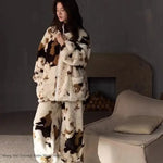 Thicken Coral Fleece Women's 2PCS Pajamas Set Loungewear Winter New Sleepwear Pijamas Suit Loose Casual Flannel Homewear Outwear