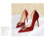 Women 10cm Super High Heels Pointed Toe Side Hollow Work Pumps Metal Crystal Buckle Velvet Stiletto Fashion Banquet Lady Shoes