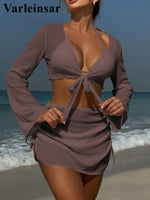 9 Colors New Long Sleeve With Skirt Bikini Female Swimsuit Women Swimwear Four-pieces Bikini set Bather Bathing Suit Swim V6358P