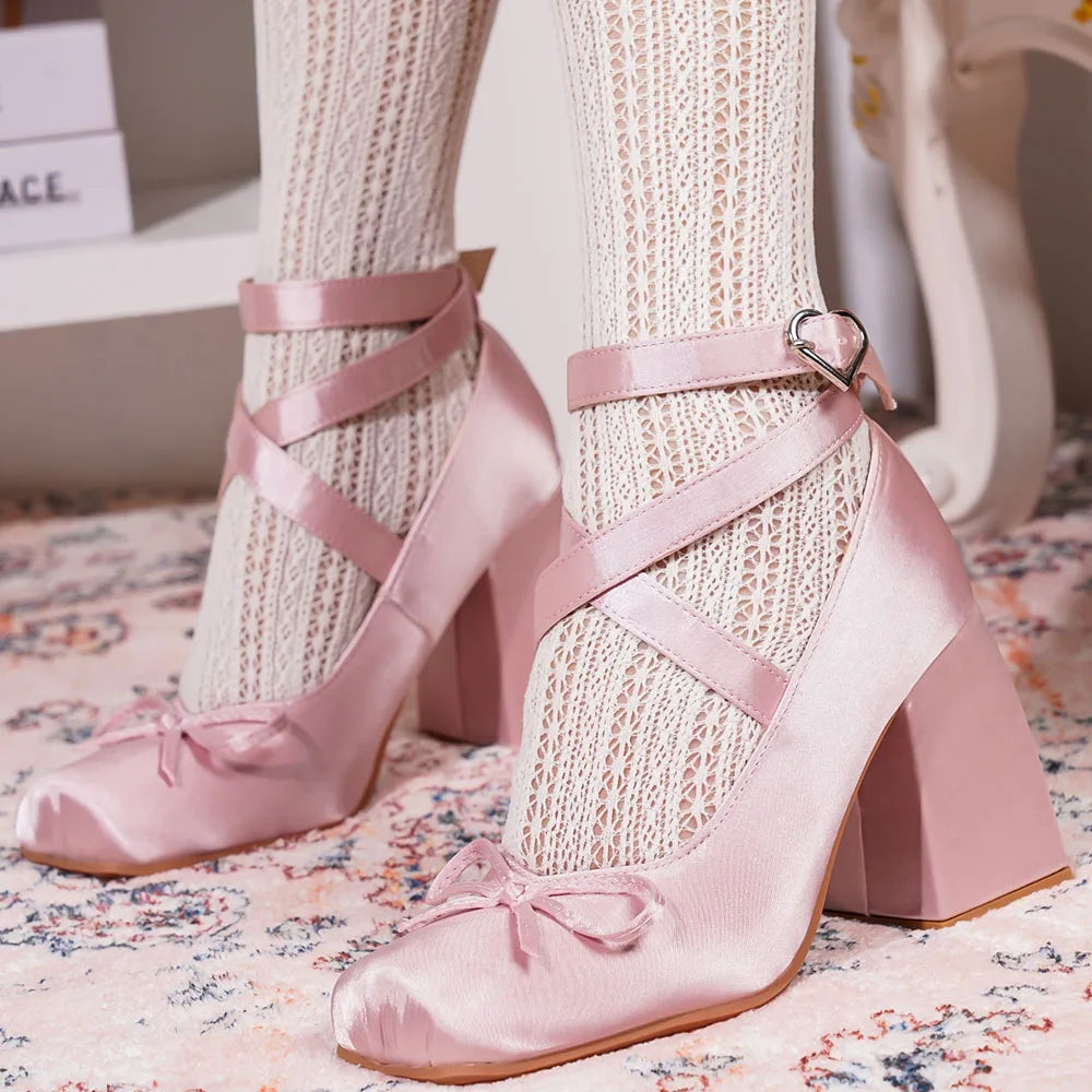 2025 Summer Cute Satin Pink Lolita Block Heels Mary Janes Shoes Women Sweet Buckle Cross-Strap Ballet Pumps Wedding High Heeled