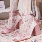 2025 Summer Cute Satin Pink Lolita Block Heels Mary Janes Shoes Women Sweet Buckle Cross-Strap Ballet Pumps Wedding High Heeled
