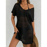 S - XL V Neck Short Sleeve Hollow Out Knitted Tunic Beach Cover Up Cover-ups Beach Dress Beach Wear Beachwear Female Women V8214
