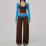 Women 2/3Piece Yoga Set Fitness Suit Gym Clothing Workout Tracksuit Sportswear Colorblock Halter Long Sleeve Top Wide Leg Pants