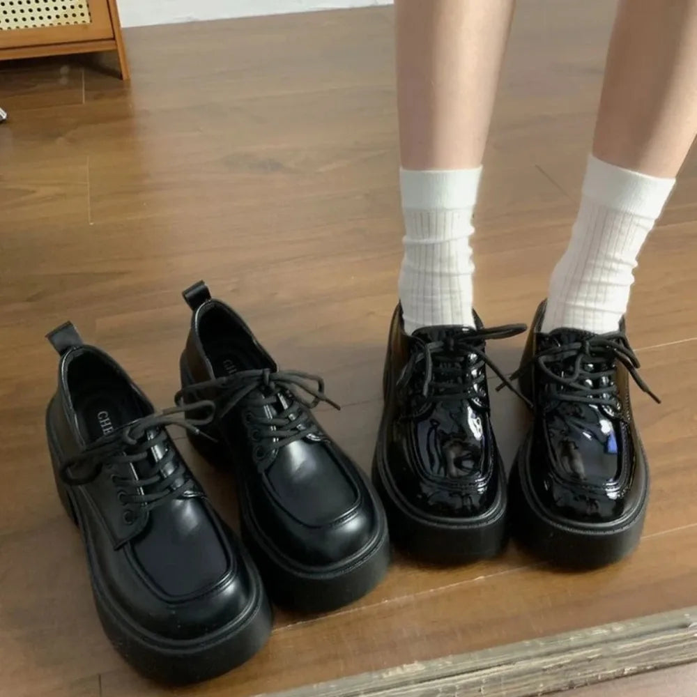 Women Lace‑Up Oxford Shoes PU Leather Chunky Block Heel Platform Round Toe Comfort Non‑Slip Casual JK School Daily Dress Shoes