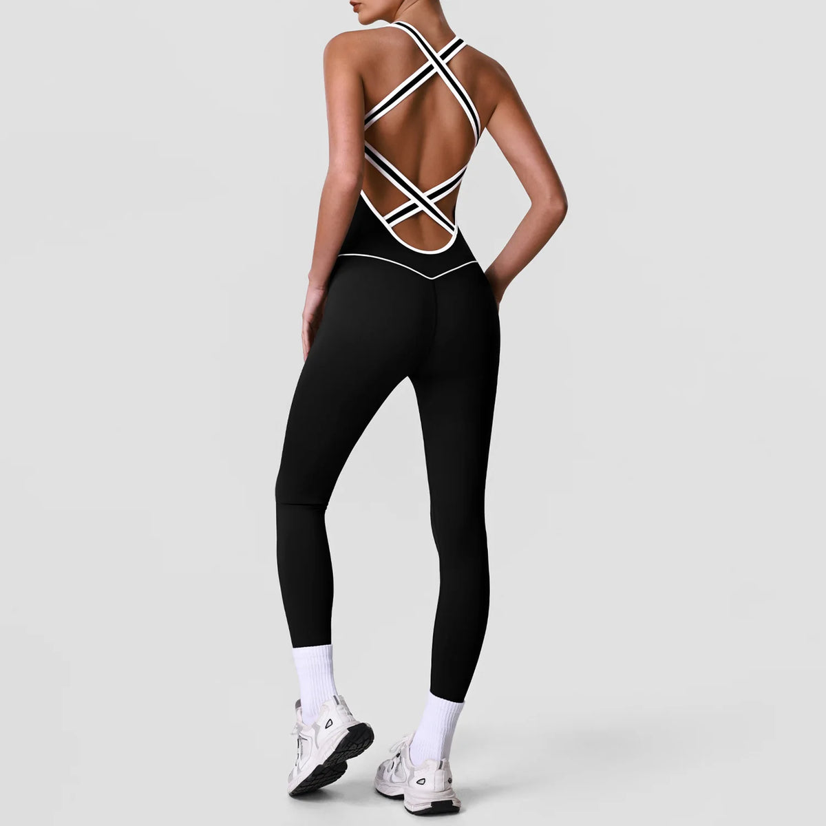High Stretch Body Shaping Yoga Jumpsuit Women Black Patchwork Hollow Out Back Cross Fitness Sports One Piece Workout Bodysuits