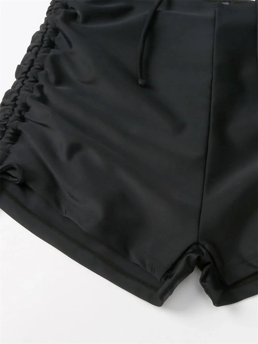Sexy Drawstring Bikini Set 2026 Women Green Black Short Sleeve Two Piece Swimsuit Summer Bathing Suit Pleate High Waist Swimwear