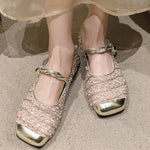 Elegant Solid Color Bling Mary Janes Shoes Women Spring Autumn Buckle Strap Party Flats Woman Shallow Square Top Shoes Lady