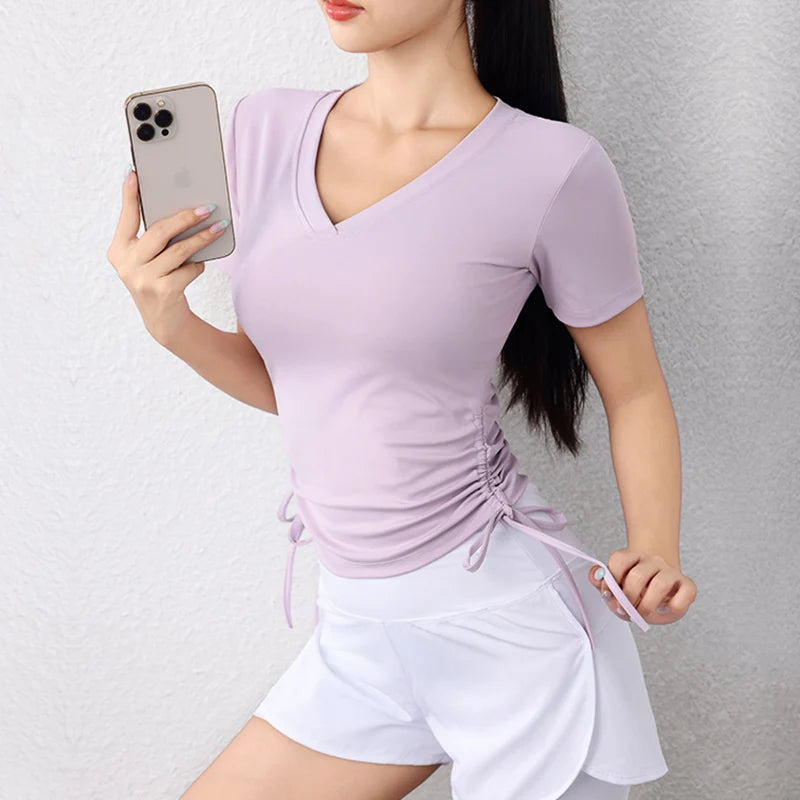 2024 Women Long Sleeve Gym Shirts Light Weight Side String Yoga Tops Plus Size Quick Dry V Neck T Shirts Workout Sports Wear