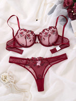 Romantic wine red rose embroidery lingerie set - see-through netting bra - casual erotic women's lingerie ZA824026
