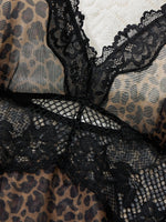 French style leopard print mesh sheer nightgown, sexy lace-edge deep V strap nightgown with T-shirt two-piece set ZA825233