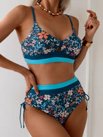 Vintage Blue Floral Print Bikini Women Hollow Out Push Up Drawstring Side High Waist Swimsuit 2026 Beach Bathing Suit Swimwear