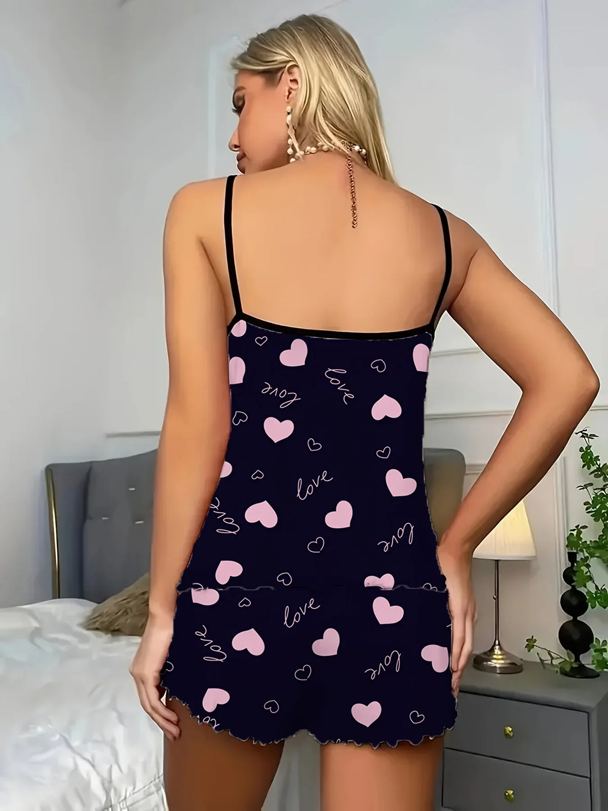 1 Set Sexy Women's Pajama Set,Bow Heart Print Backless Crop Top and Shorts,Comfortable Loose Fit Summer Sleepwear