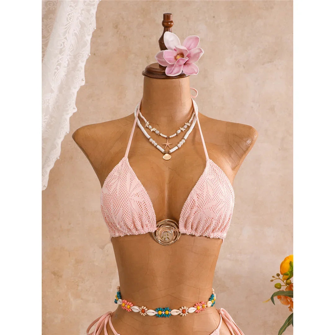 New Leaves Printed Halter Bikini Suit Female Swimsuit Women Swimwear Bather Bathing Suit Swim Three-Pieces Bikini Set