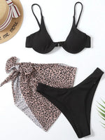 Marble Print V-Bar Underwired Bikini Women Swimsuit Female Swimwear Three-pieces Bikini Set Push Up Bathing Suit Beach Sarong