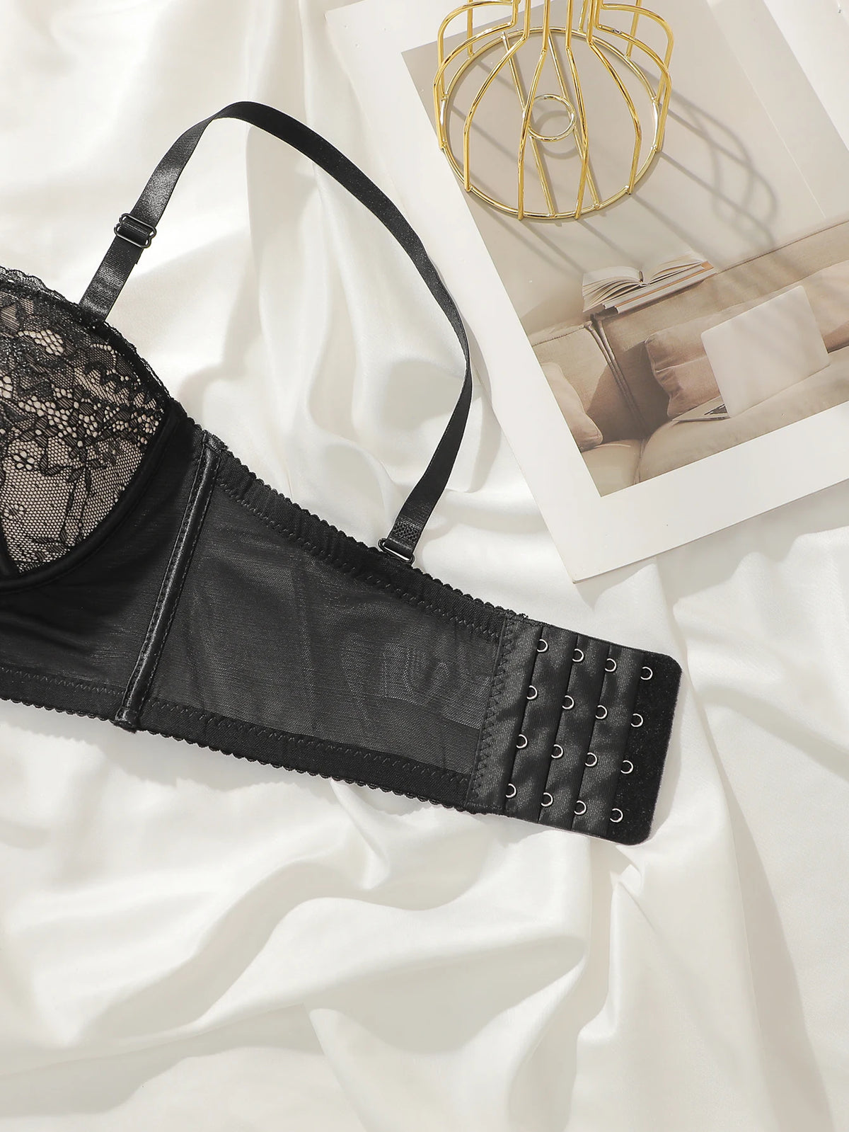 Women Longline Lace Bra Underwire Floral Sheer Mesh Adjustable Thin Straps Sexy Shapewear Corset Daily Lingerie Black L2380