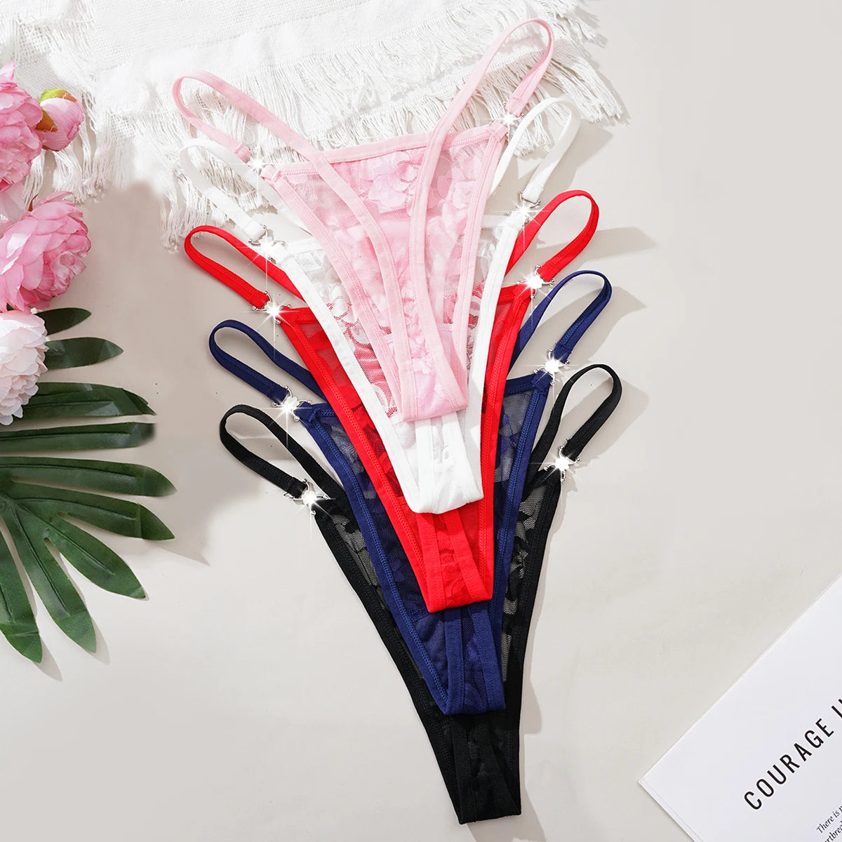 5pcs/pack Low Waist Sexy Women's G-String Underwear Floral Elegant Thongs Breathable Lingerie with Rhinestones Female Panties