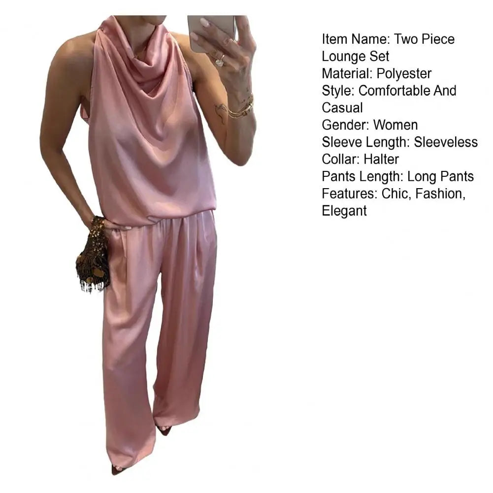 Women 2 Piece Satin Outfits Halter Neck Sleeveless Top And Wide Leg Pants Set Casual Vocation Lounge Set