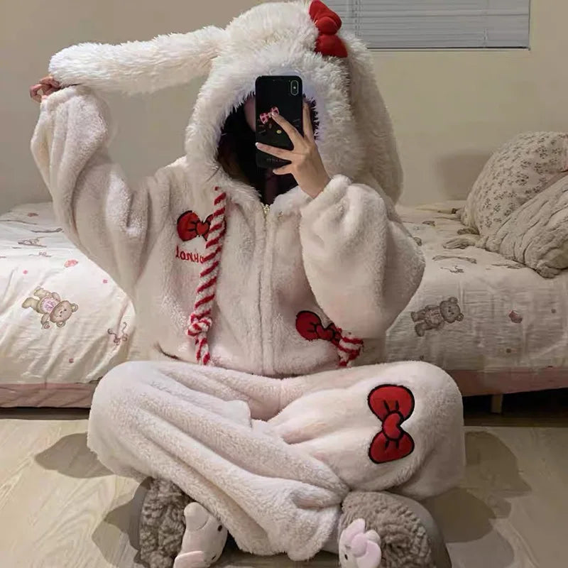 New Sweet and Cute Bow Rabbit One-piece Pajamas Women's Winter New Fleece Thickened Coral Fleece Large Size Loungewear Sleepwear