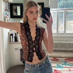 FDYOUI Women's Deep V-neck Lace Patchwork Mesh T-shirts 2026 Summer Sexy Sleeveless Buttons Leopard Tops Tee Shirt Streetwear