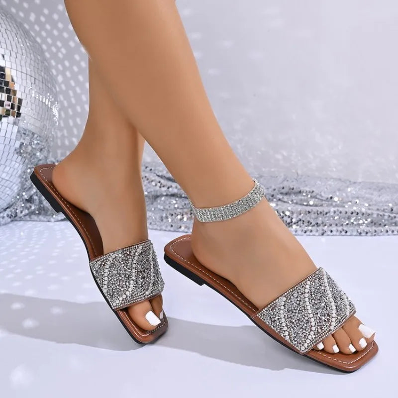 Summer New Square Head Comfortable Casual Slippers Fashionable Lightweight Temperament Rhinestones Outside Slippers